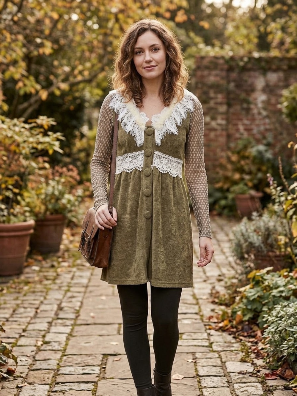 A’ reve Women’s Size Small US V- Neck Lace Knit Tunic Mini Dress Brown Boho